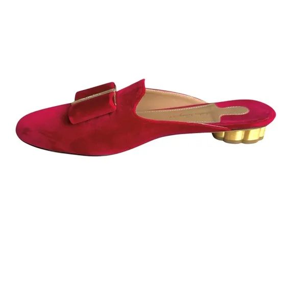 Salvatore Ferragamo Sciacca Red Velvet Mules Bow Detail Flower Heel Flat Sandal