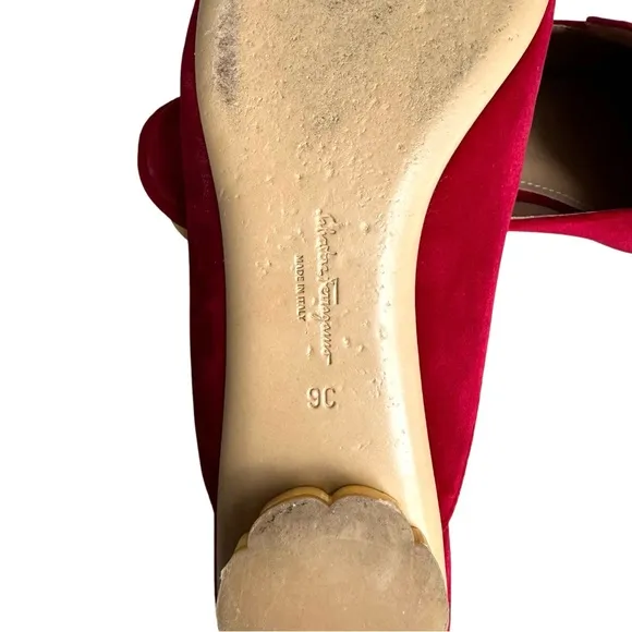 Salvatore Ferragamo Sciacca Red Velvet Mules Bow Detail Flower Heel Flat Sandal
