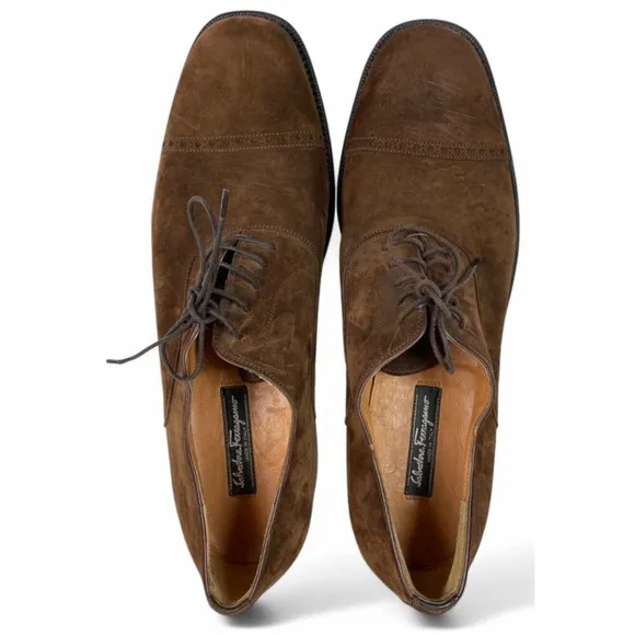 Salvatore Ferragamo Shoes Mens 11.5 B Brown Suede Oxfords Cap Toe Lace Up Italy