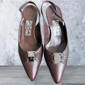 Salvatore Ferragamo Slingback heels Taiwan Fondente Kid Brown Kitten heel 7B