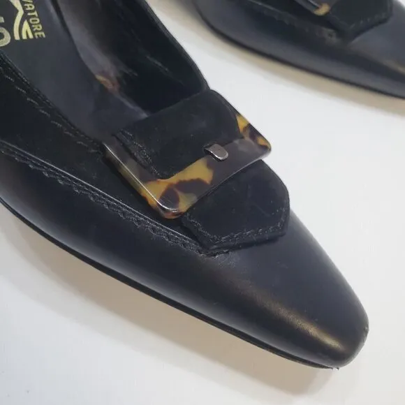 Salvatore Ferragamo Slip-On Mules Heels 7AA Black Suede Leather Tortoise Shell