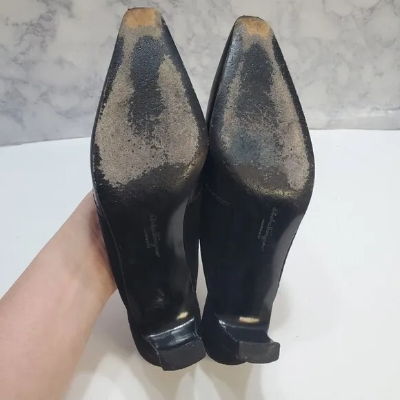 Salvatore Ferragamo Slip-On Mules Heels 7AA Black Suede Leather Tortoise Shell