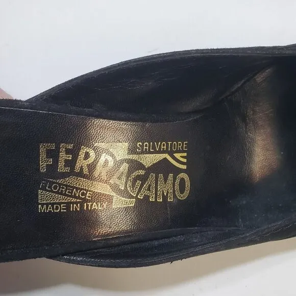 Salvatore Ferragamo Slip-On Mules Heels 7AA Black Suede Leather Tortoise Shell