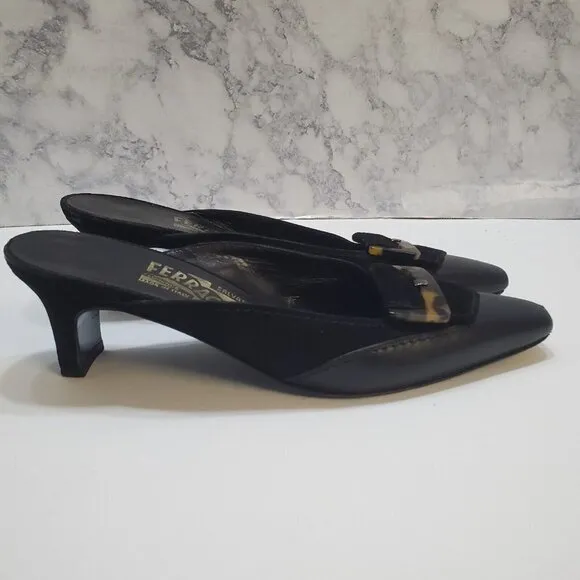 Salvatore Ferragamo Slip-On Mules Heels 7AA Black Suede Leather Tortoise Shell