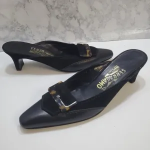 Salvatore Ferragamo Slip-On Mules Heels 7AA Black Suede Leather Tortoise Shell