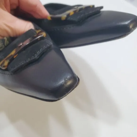 Salvatore Ferragamo Slip-On Mules Heels 7AA Black Suede Leather Tortoise Shell