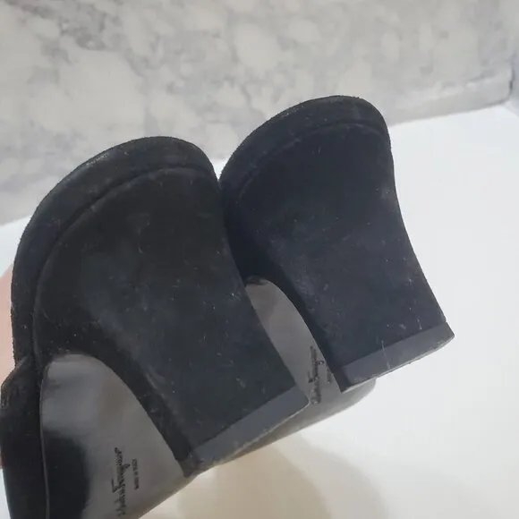 Salvatore Ferragamo Slip-On Mules Heels 7AA Black Suede Leather Tortoise Shell