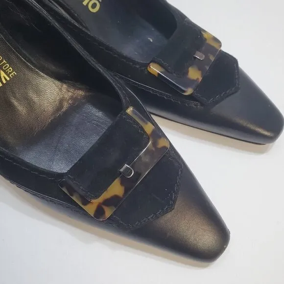 Salvatore Ferragamo Slip-On Mules Heels 7AA Black Suede Leather Tortoise Shell
