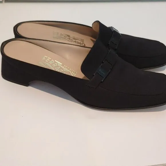 Salvatore Ferragamo Square Toe Slip On Block Mule Heels Black Size 8.5C