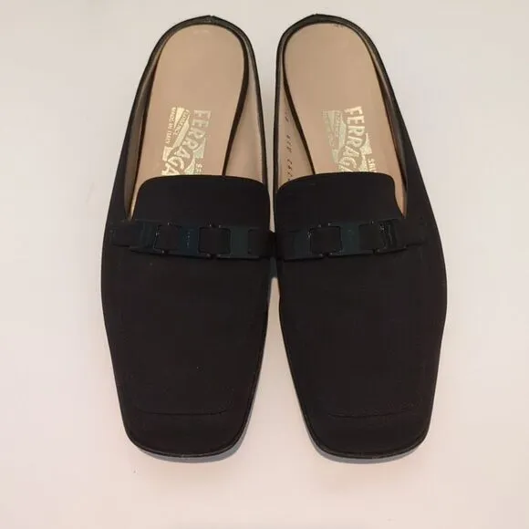 Salvatore Ferragamo Square Toe Slip On Block Mule Heels Black Size 8.5C