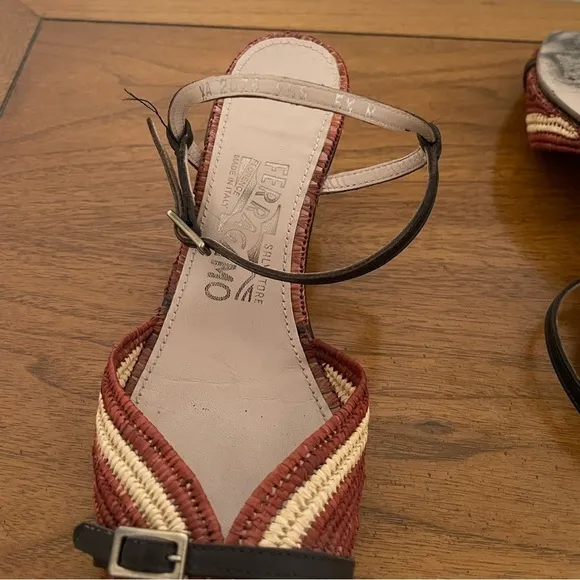 Salvatore Ferragamo Straw wedge pointy toe kitten heels