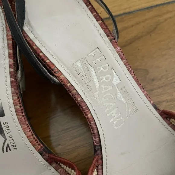 Salvatore Ferragamo Straw wedge pointy toe kitten heels