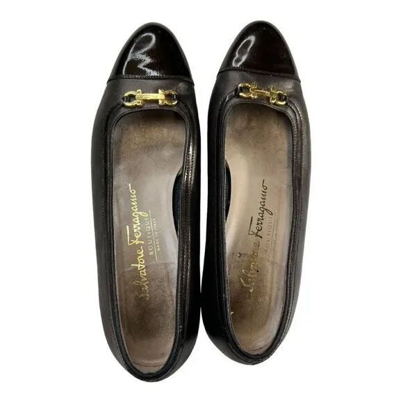 Salvatore Ferragamo Women's Cap Toe Horsebit Block Kitten Heels black Size 6
