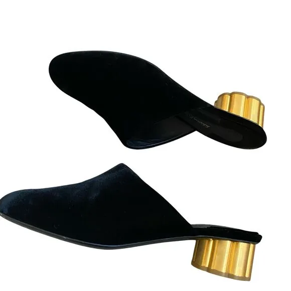Salvatore Ferrogamo Livorno Suede Slip On Mules 9.5 Black Low Gold Heel Party