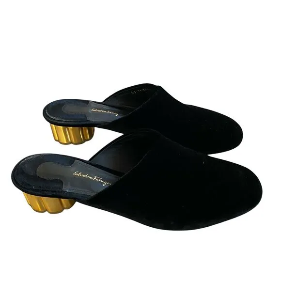 Salvatore Ferrogamo Livorno Suede Slip On Mules 9.5 Black Low Gold Heel Party