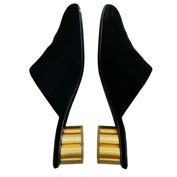Salvatore Ferrogamo Livorno Suede Slip On Mules 9.5 Black Low Gold Heel Party