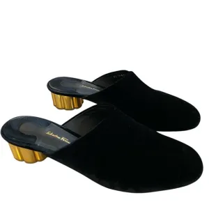 Salvatore Ferrogamo Livorno Suede Slip On Mules 9.5 Black Low Gold Heel Party