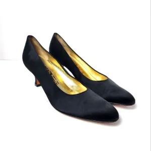 Salvatore Ferragamo Satin Pointed Toe Kitten Heel Pump Black Size 7.5