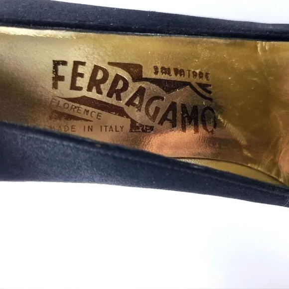 Salvatore Ferragamo Satin Pointed Toe Kitten Heel Pump Black Size 7.5