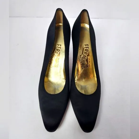 Salvatore Ferragamo Satin Pointed Toe Kitten Heel Pump Black Size 7.5