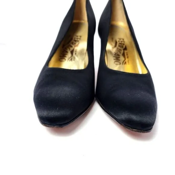 Salvatore Ferragamo Satin Pointed Toe Kitten Heel Pump Black Size 7.5