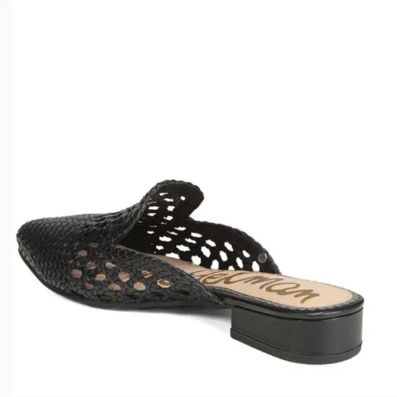 SAM EDELMAN Clara Black Leather Woven Lace Embroidered Mules Flat Comfy Shoes 5
