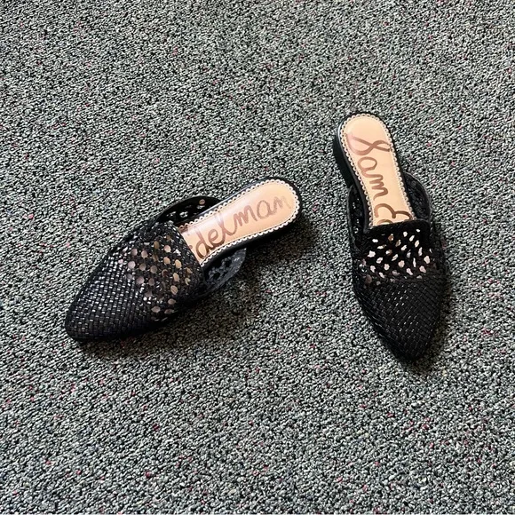 SAM EDELMAN Clara Black Leather Woven Lace Embroidered Mules Flat Comfy Shoes 5