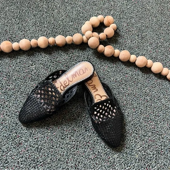 SAM EDELMAN Clara Black Leather Woven Lace Embroidered Mules Flat Comfy Shoes 5