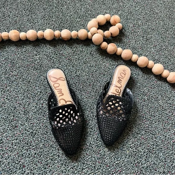 SAM EDELMAN Clara Black Leather Woven Lace Embroidered Mules Flat Comfy Shoes 5