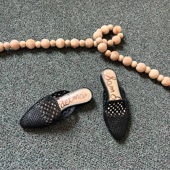 SAM EDELMAN Clara Black Leather Woven Lace Embroidered Mules Flat Comfy Shoes 5