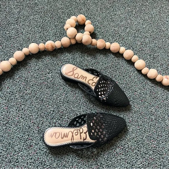 SAM EDELMAN Clara Black Leather Woven Lace Embroidered Mules Flat Comfy Shoes 5