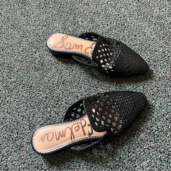 SAM EDELMAN Clara Black Leather Woven Lace Embroidered Mules Flat Comfy Shoes 5