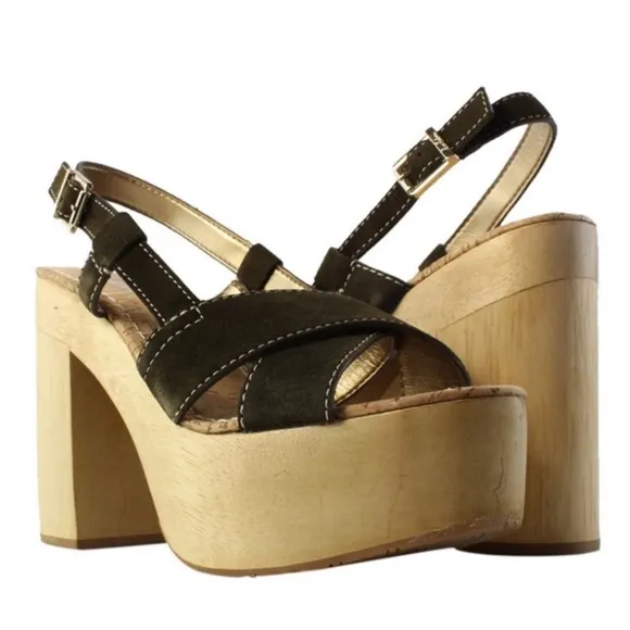 Sam Edelman Green Suede Strappy Slingback Gold Buckle Wooden Block Platform Heel