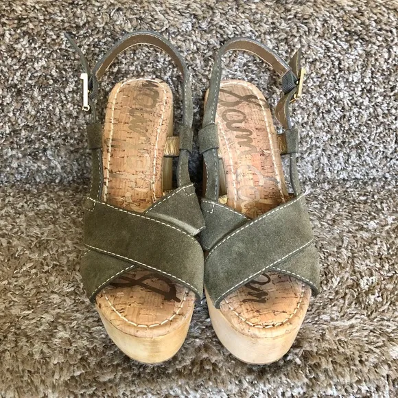 Sam Edelman Green Suede Strappy Slingback Gold Buckle Wooden Block Platform Heel