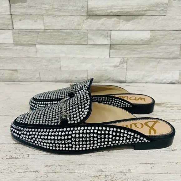 Sam Edelman Linnie Black Glitz Slip On Almond Toe Flat Crystal Horsebit Mule 6.5