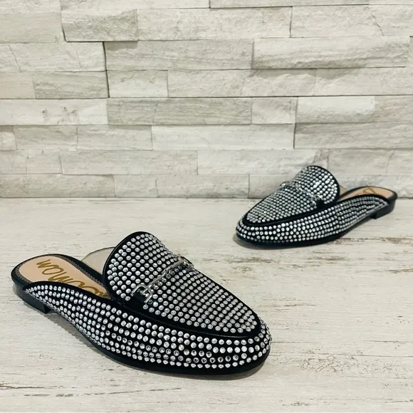 Sam Edelman Linnie Black Glitz Slip On Almond Toe Flat Crystal Horsebit Mule 6.5