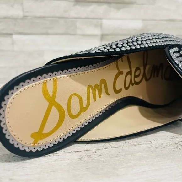 Sam Edelman Linnie Black Glitz Slip On Almond Toe Flat Crystal Horsebit Mule 6.5