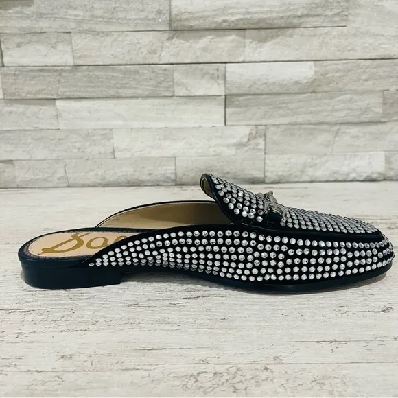 Sam Edelman Linnie Black Glitz Slip On Almond Toe Flat Crystal Horsebit Mule 6.5