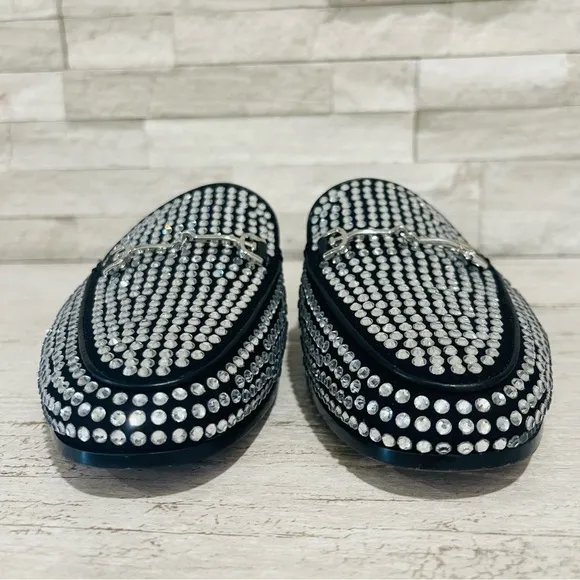 Sam Edelman Linnie Black Glitz Slip On Almond Toe Flat Crystal Horsebit Mule 6.5