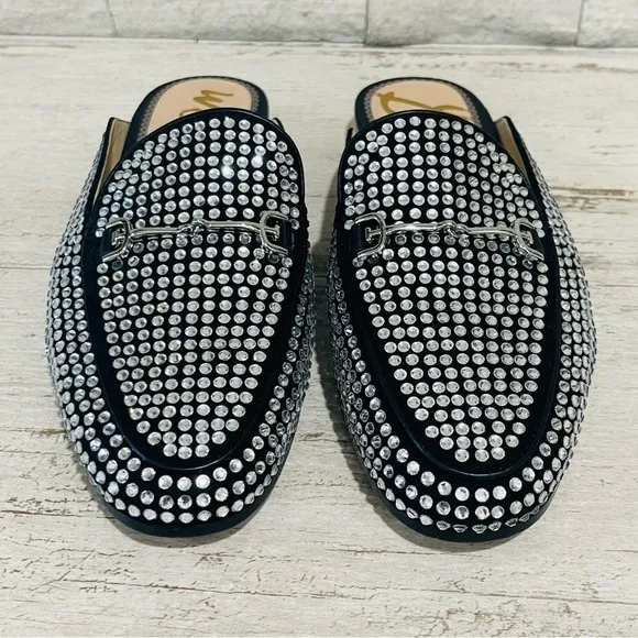 Sam Edelman Linnie Black Glitz Slip On Almond Toe Flat Crystal Horsebit Mule 6.5