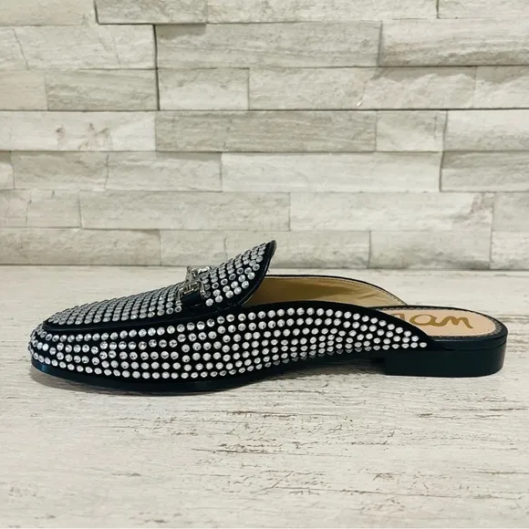Sam Edelman Linnie Black Glitz Slip On Almond Toe Flat Crystal Horsebit Mule 6.5