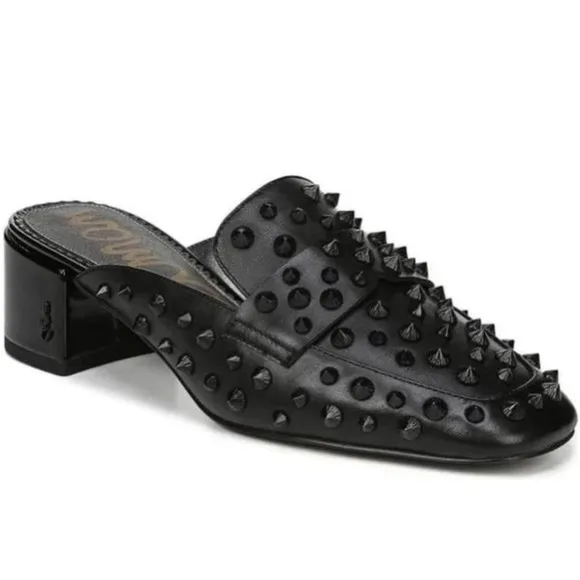 SAM EDELMAN Studded Black Mules Slip On Square Toe Sz 9 Augustus Spiked Leather