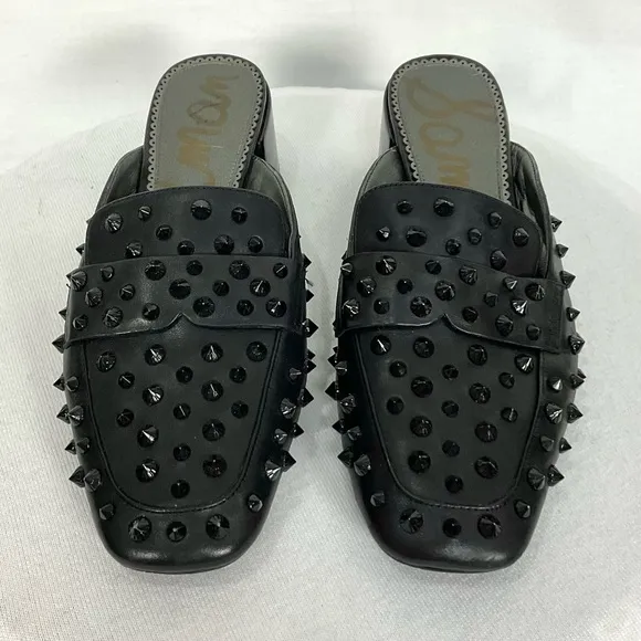 SAM EDELMAN Studded Black Mules Slip On Square Toe Sz 9 Augustus Spiked Leather