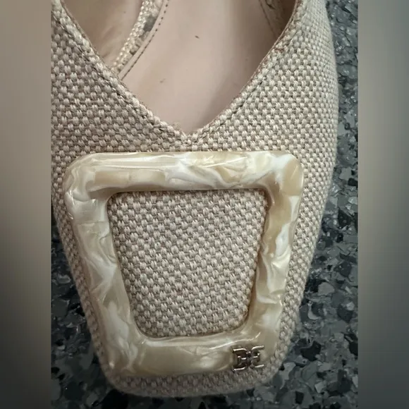 Sam Edelman Womens Lavina Flat Mules Slides Natural Linen Cream Tan Shoes Sz 7.5