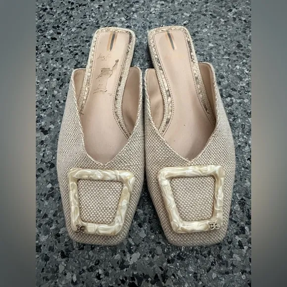 Sam Edelman Womens Lavina Flat Mules Slides Natural Linen Cream Tan Shoes Sz 7.5