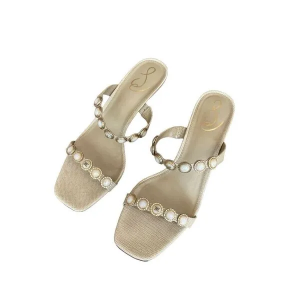 Sam Edelman Women's Cream Pearl Embellishment Palma Kitten Heels Sandal Size 10