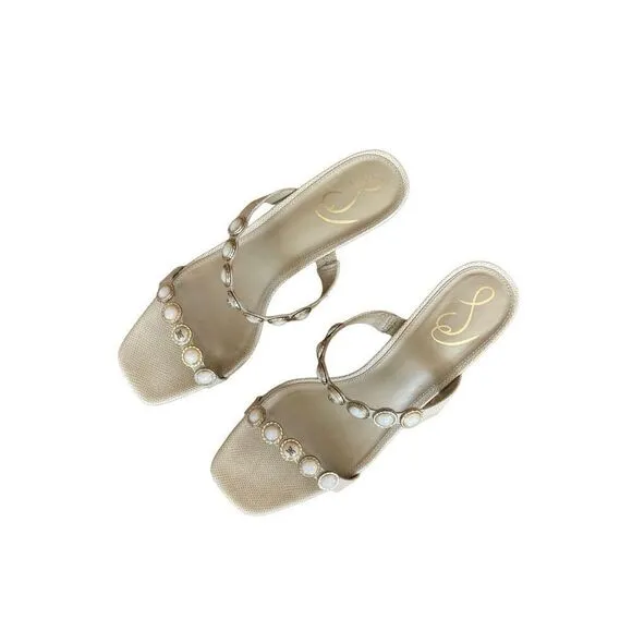 Sam Edelman Women's Cream Pearl Embellishment Palma Kitten Heels Sandal Size 10