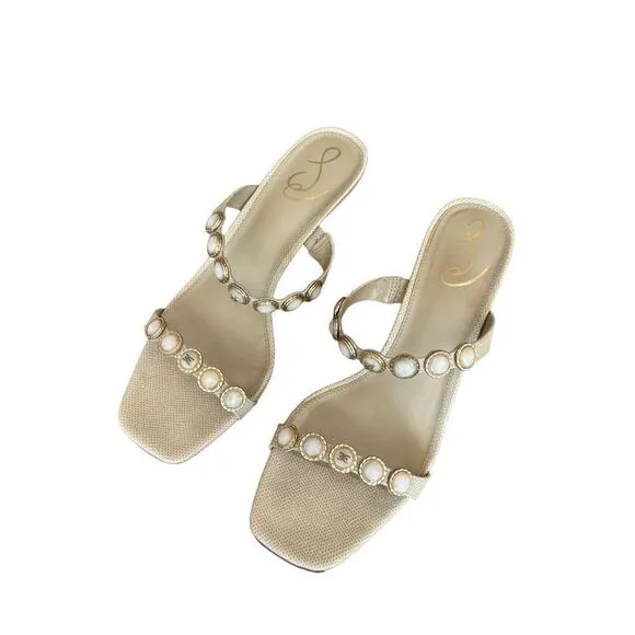 Sam Edelman Women's Cream Pearl Embellishment Palma Kitten Heels Sandal Size 10