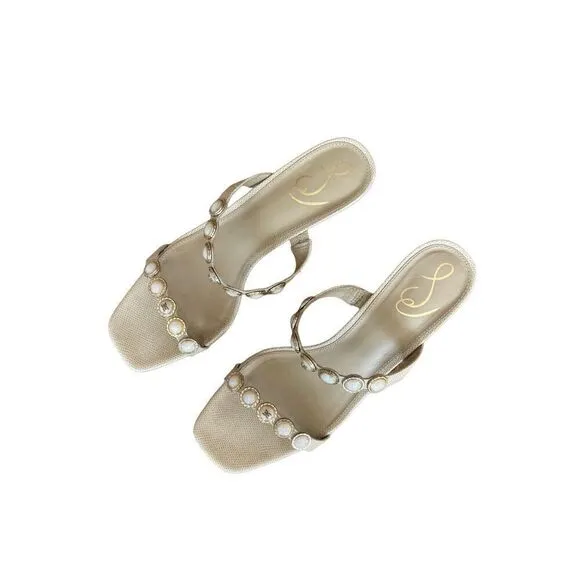 Sam Edelman Women's Cream Pearl Embellishment Palma Kitten Heels Sandal Size 10