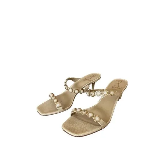Sam Edelman Women's Cream Pearl Embellishment Palma Kitten Heels Sandal Size 10